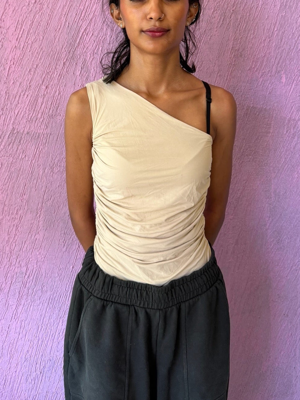 STAPLES - Beige One Shoulder Bodysuit