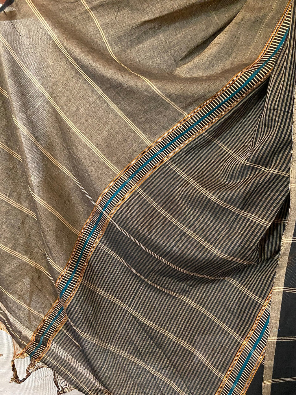 Black Pure Cotton Sari with Beige, Yellow & Blue Stripes