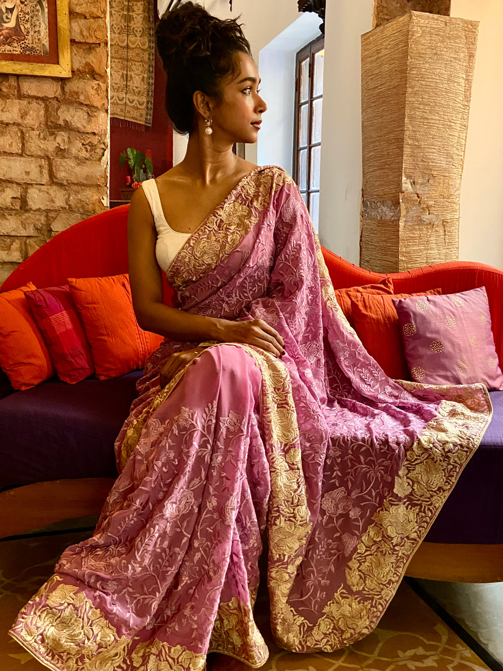 Mauve Embroidered Georgette Sari