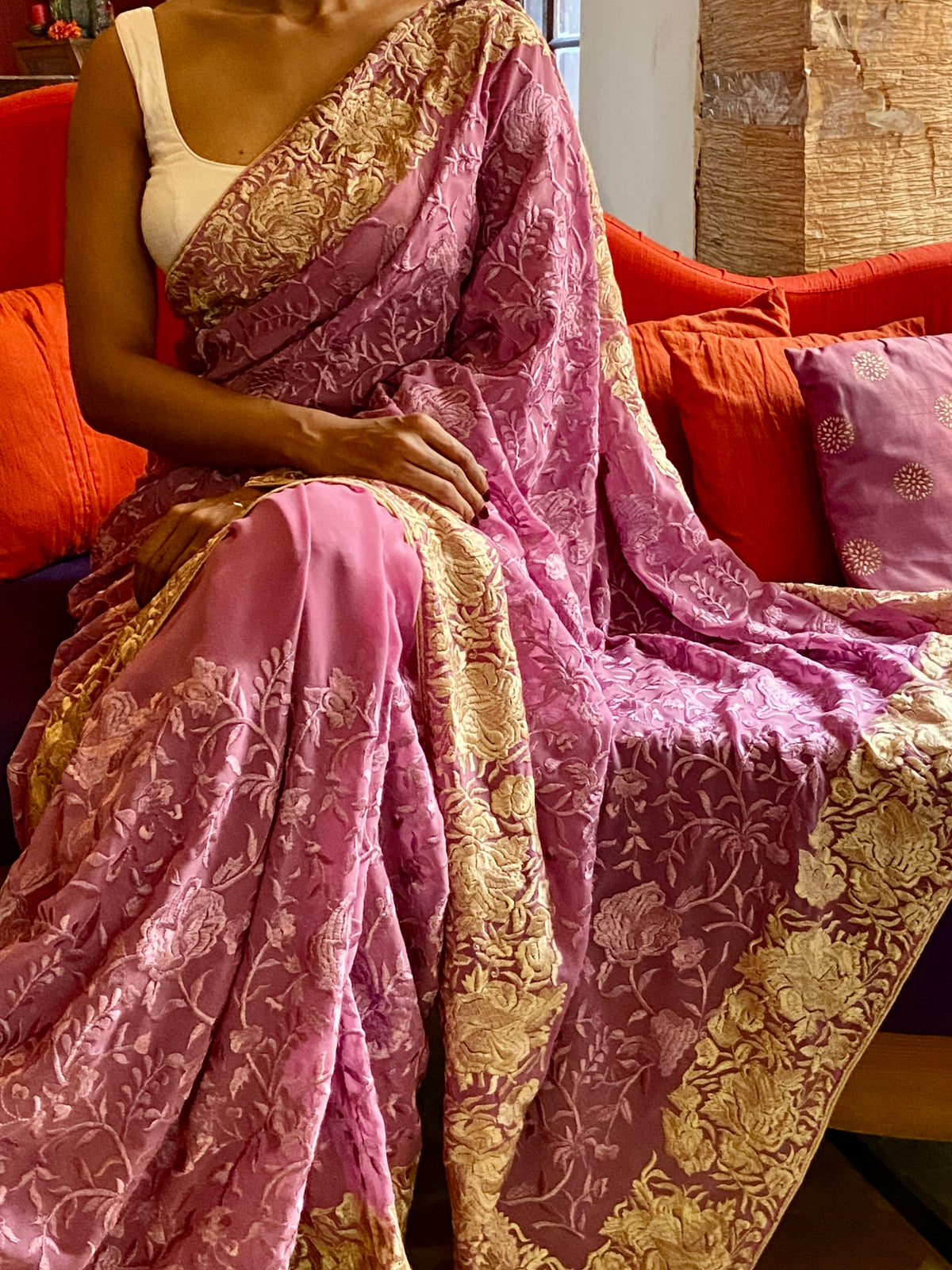Mauve Embroidered Georgette Sari