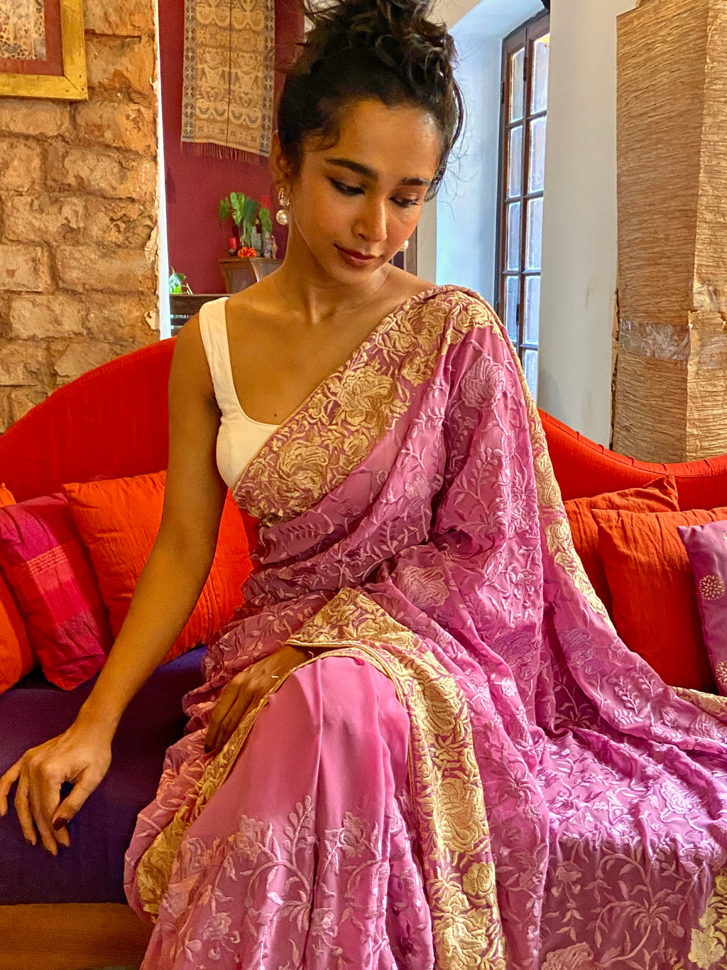Mauve Embroidered Georgette Sari
