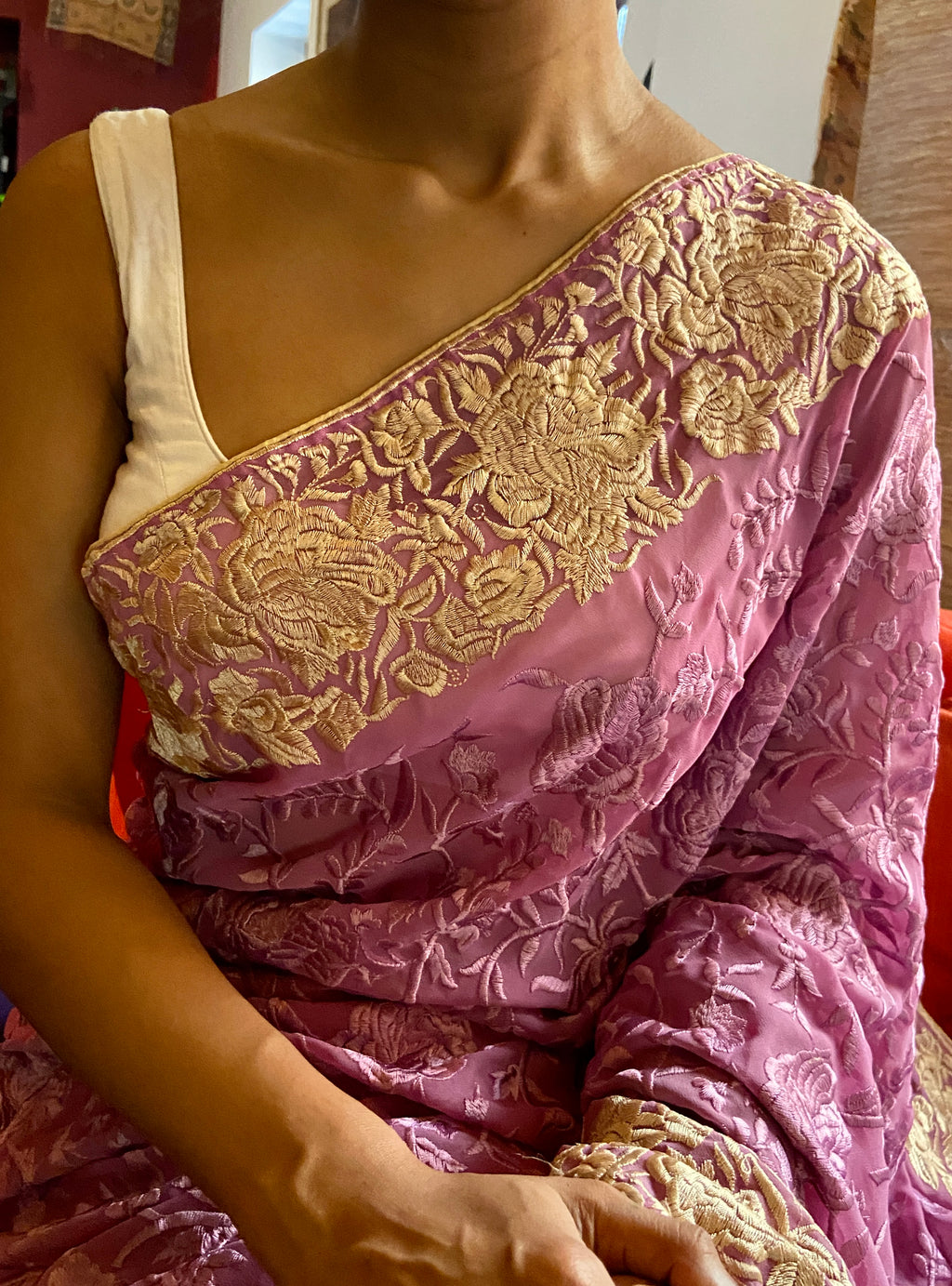 Mauve Embroidered Georgette Sari