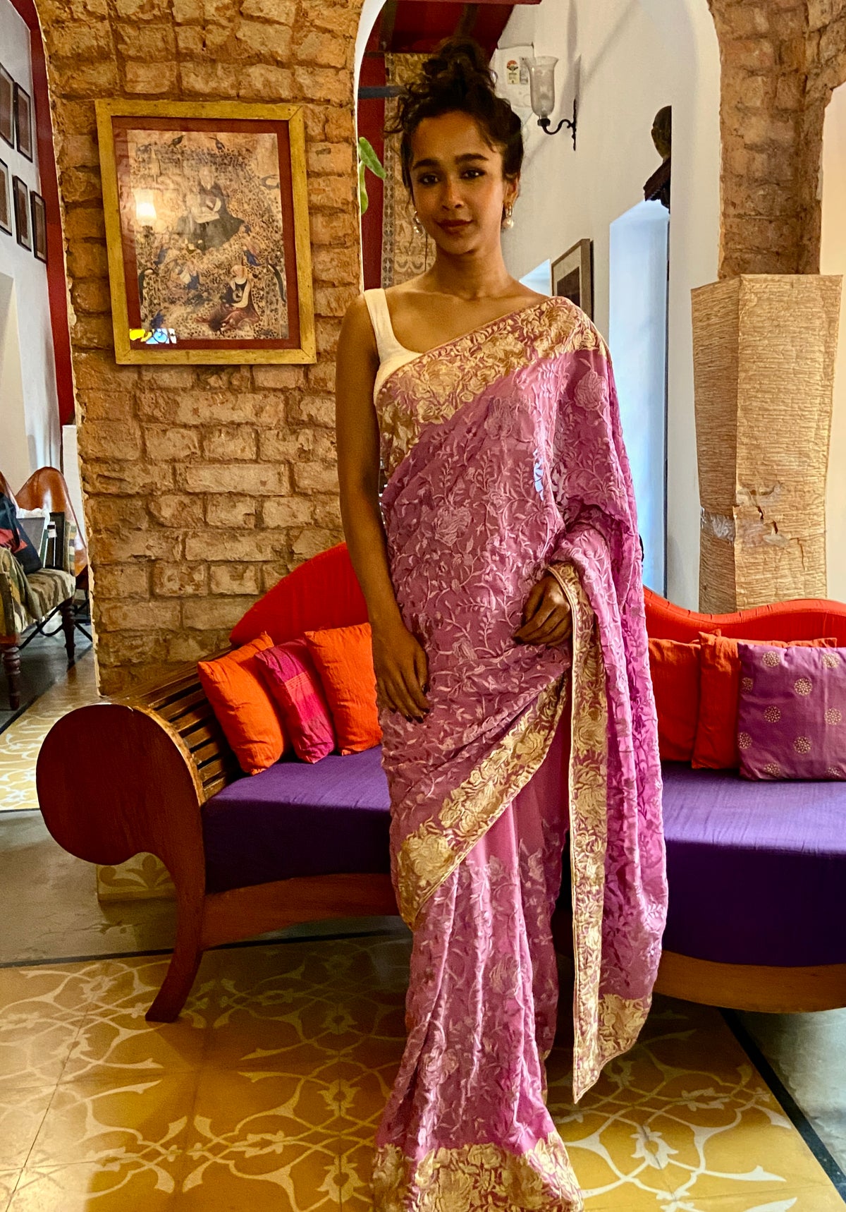 Mauve Embroidered Georgette Sari