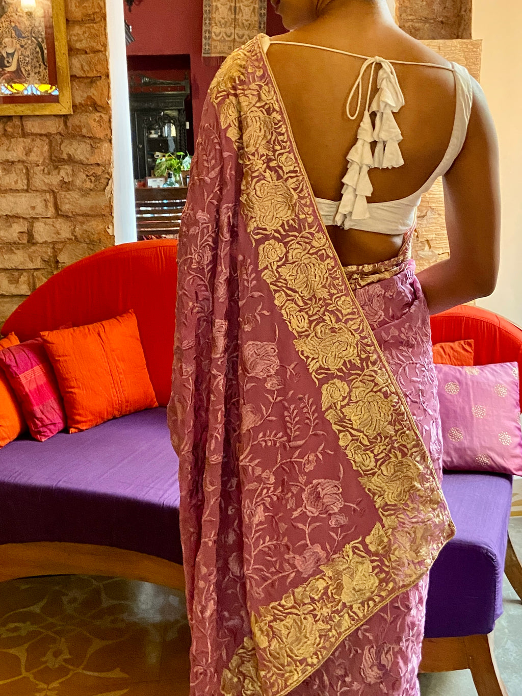 Mauve Embroidered Georgette Sari