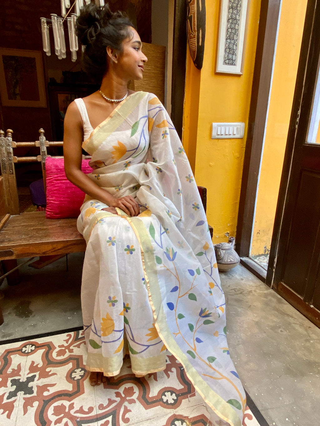 Off-white Floral Cotton Sari