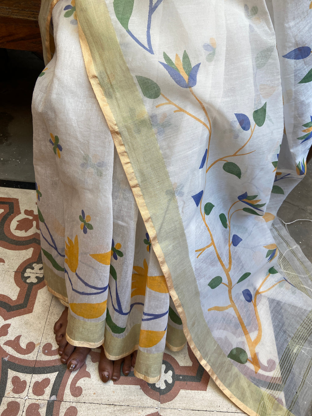 Off-white Floral Cotton Sari
