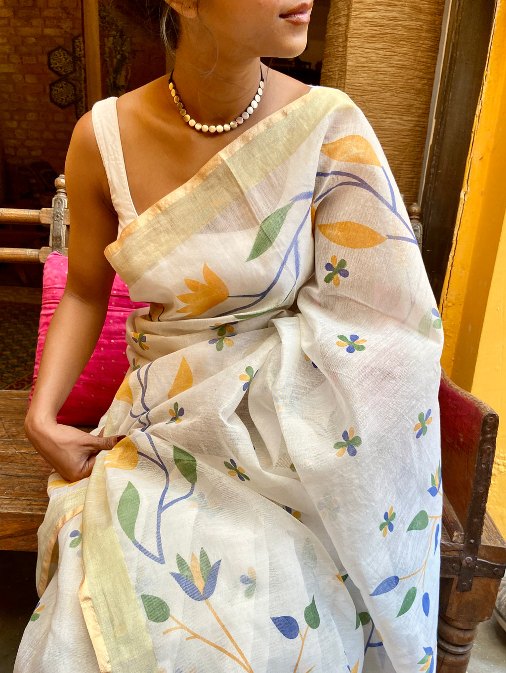 Off-white Floral Cotton Sari