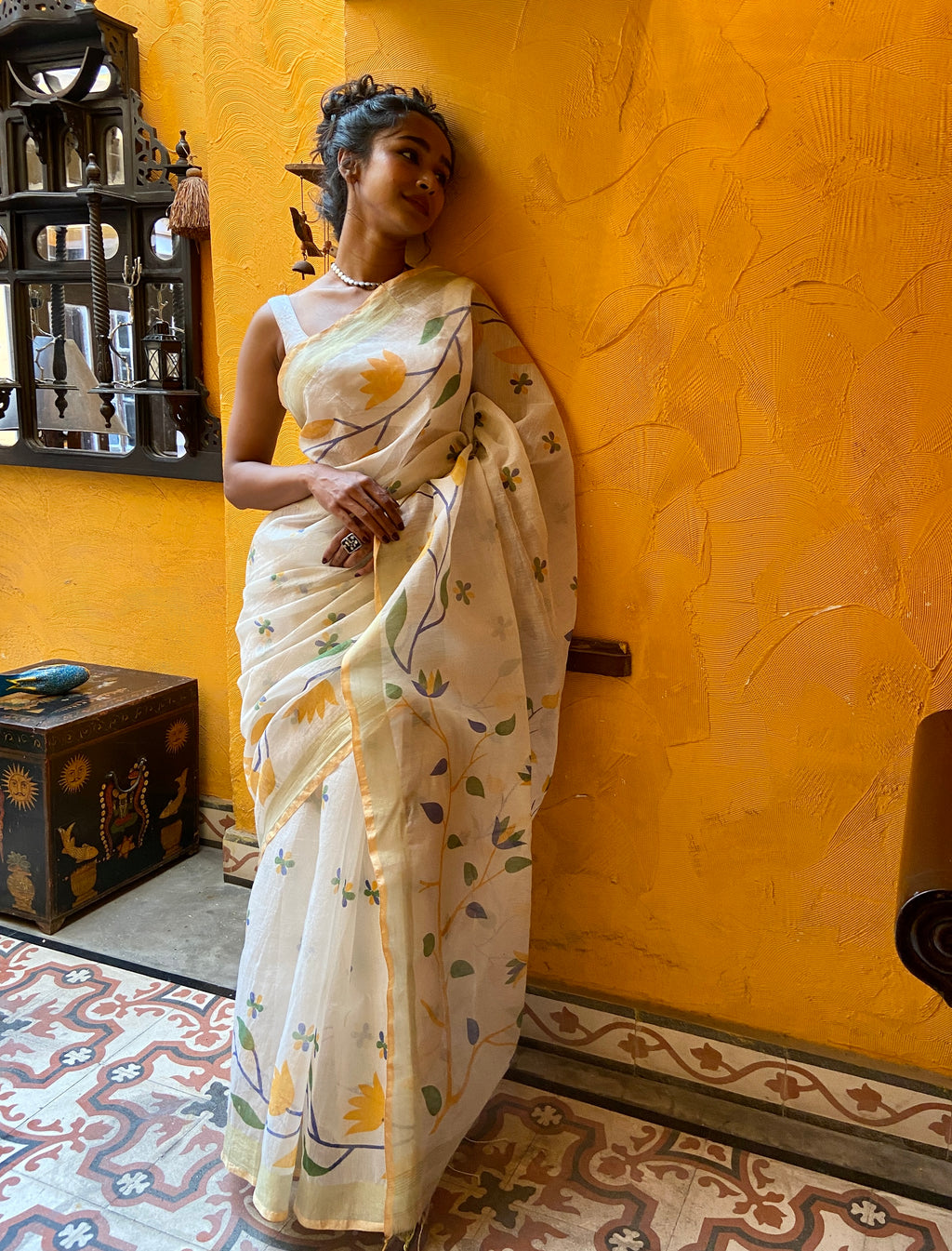Off-white Floral Cotton Sari