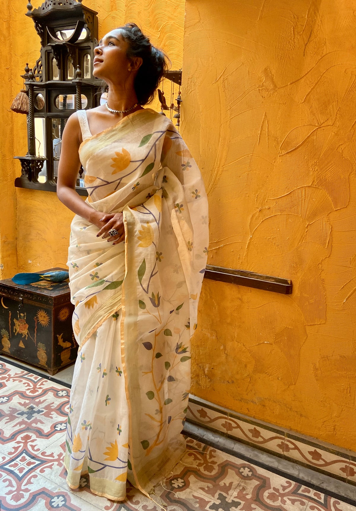 Off-white Floral Cotton Sari