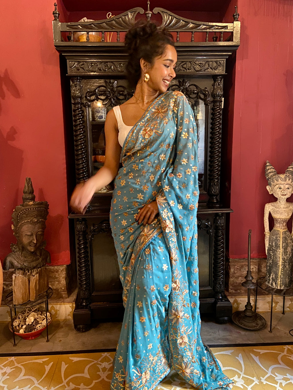 Cerulean Blue Embroidered Sari