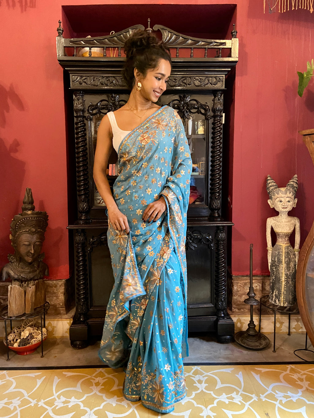 Cerulean Blue Embroidered Sari