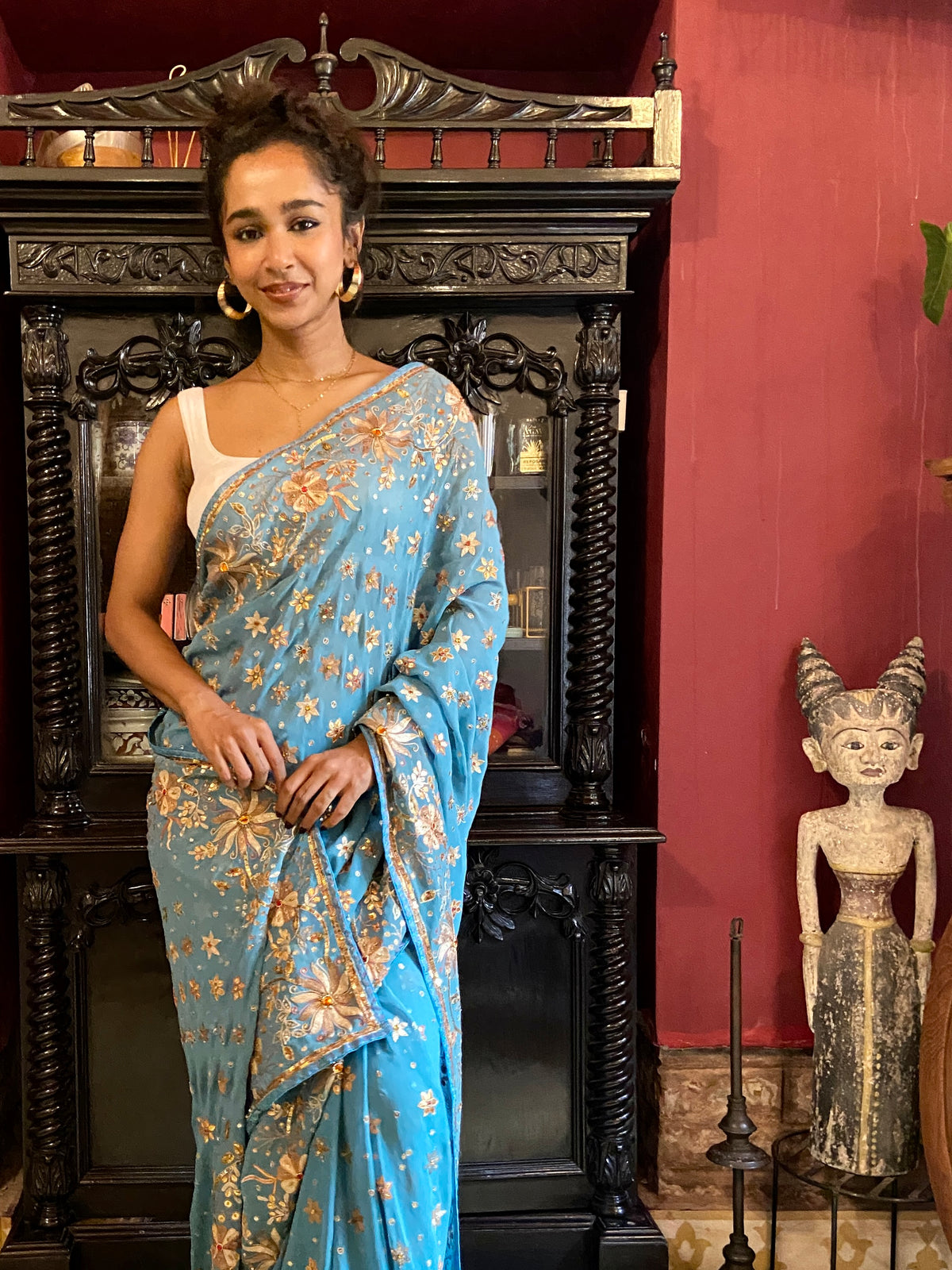 Cerulean Blue Embroidered Sari