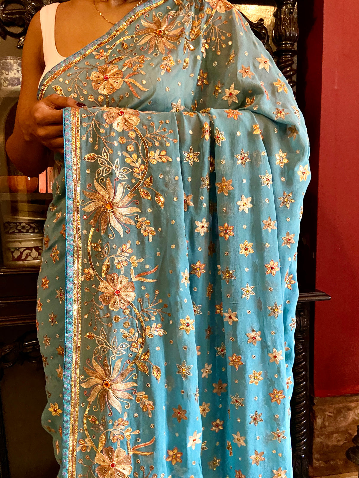 Cerulean Blue Embroidered Sari