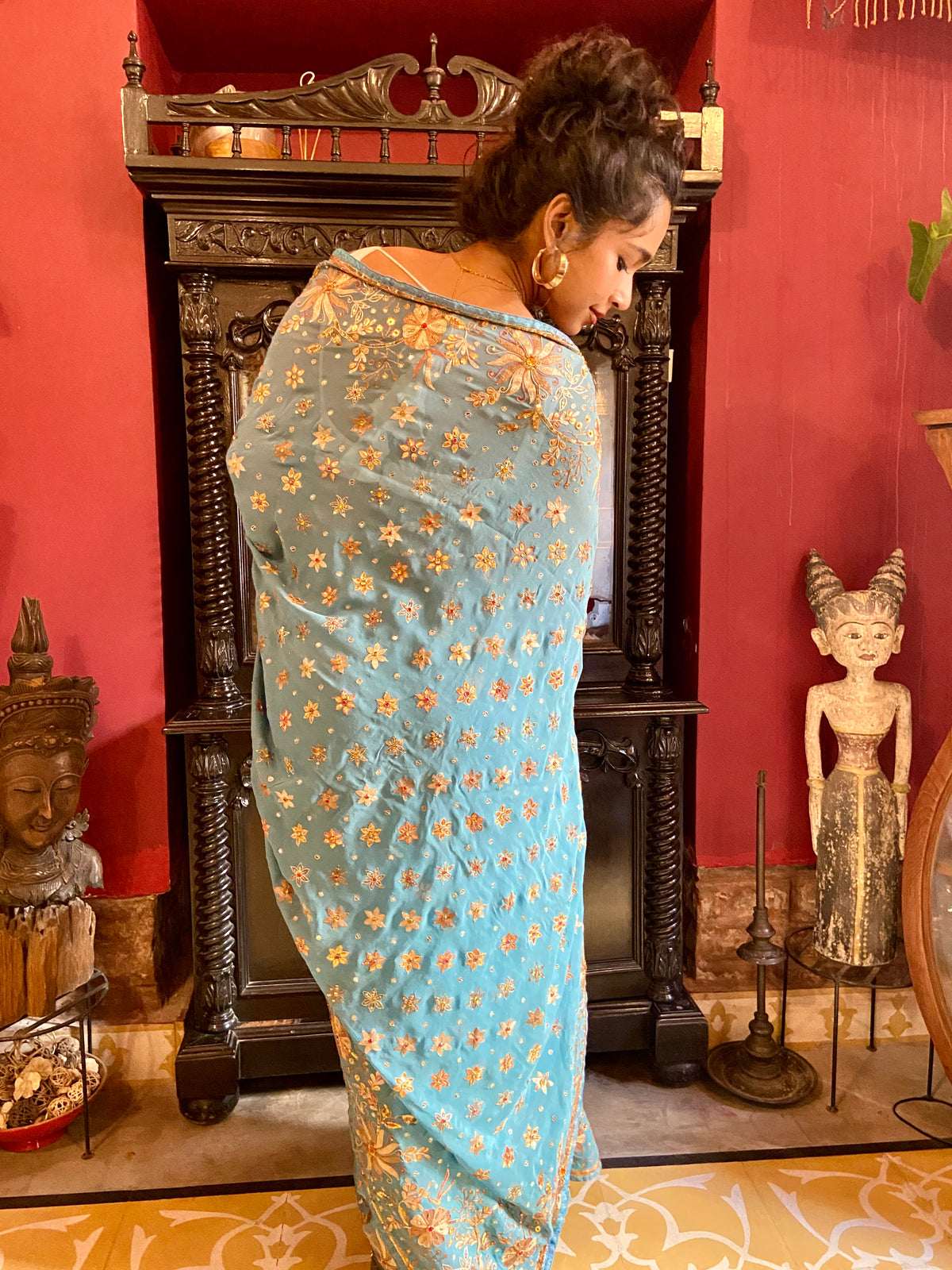 Cerulean Blue Embroidered Sari