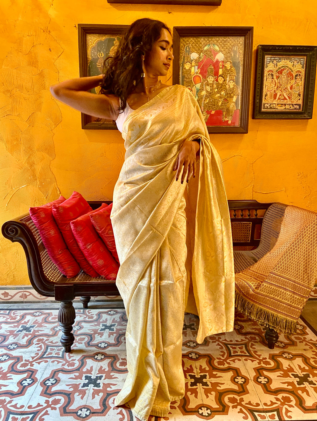 Cream and Gold Woven Silk Sari