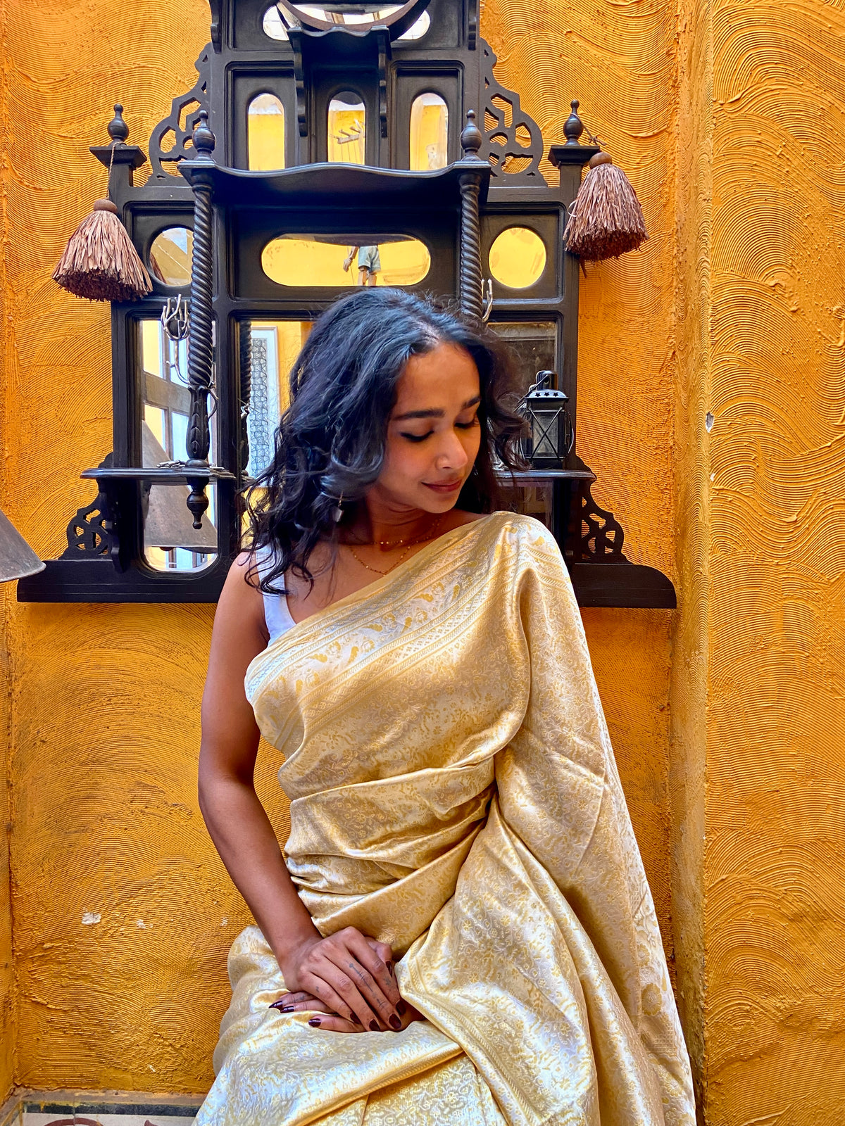Cream and Gold Woven Silk Sari