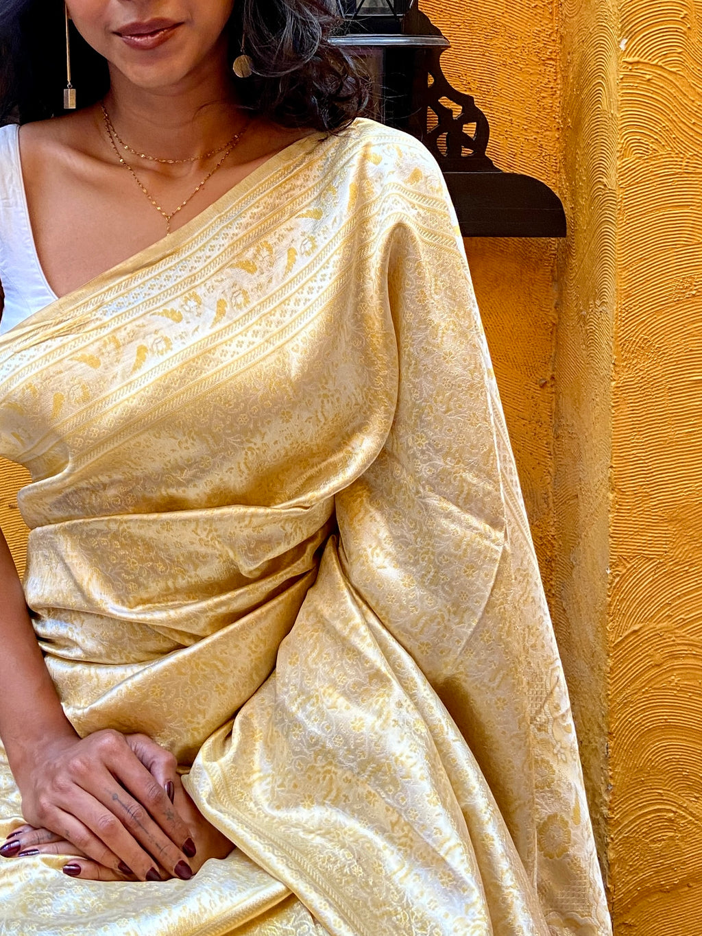 Cream and Gold Woven Silk Sari