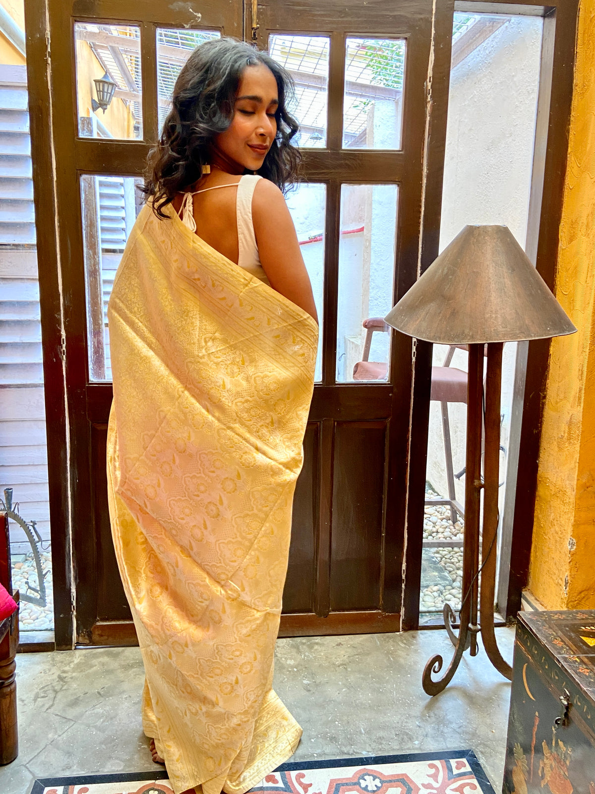 Cream and Gold Woven Silk Sari
