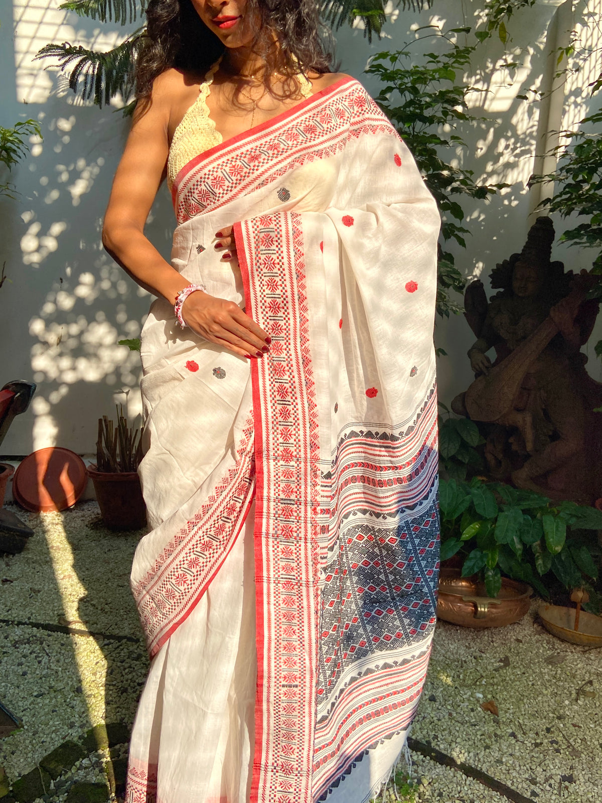 White, Red and Black Cotton Sari