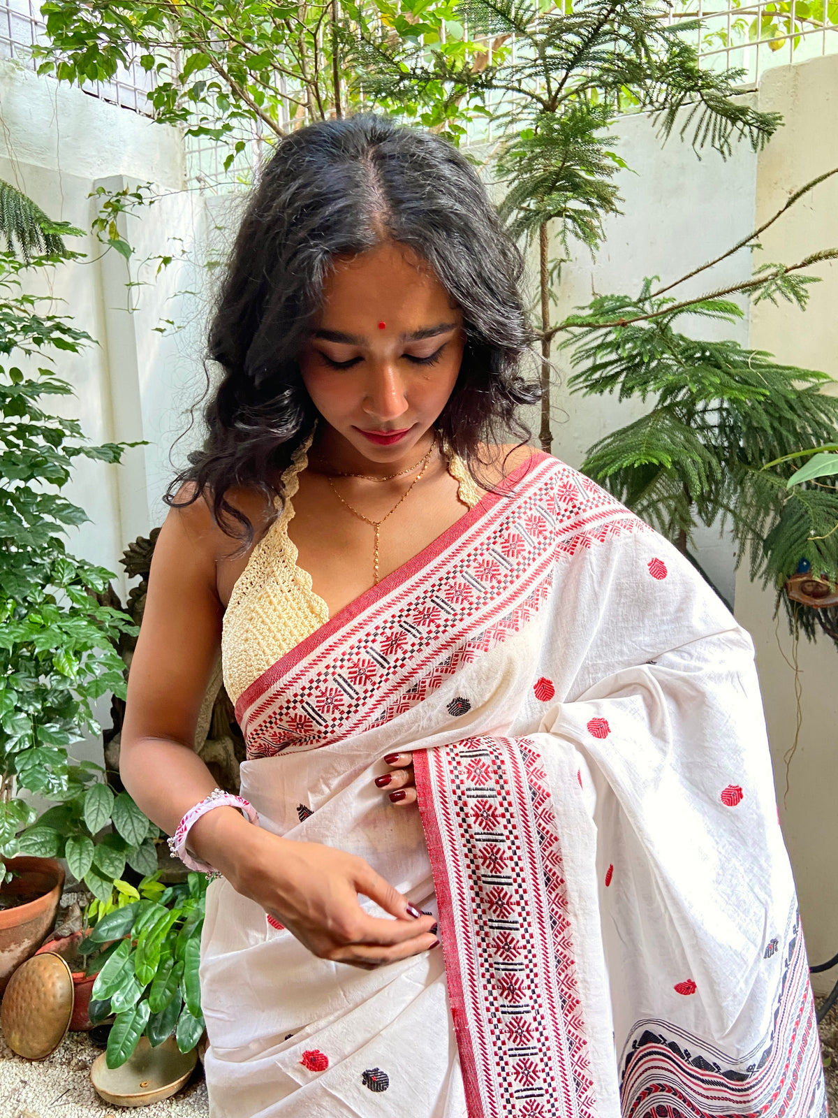White, Red and Black Cotton Sari