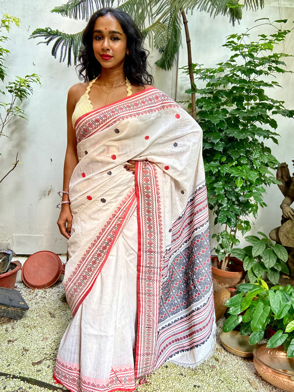 White, Red and Black Cotton Sari