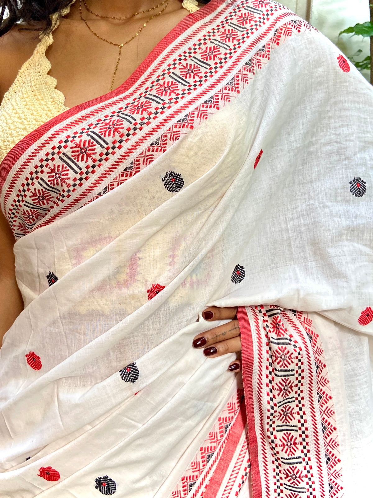 White, Red and Black Cotton Sari
