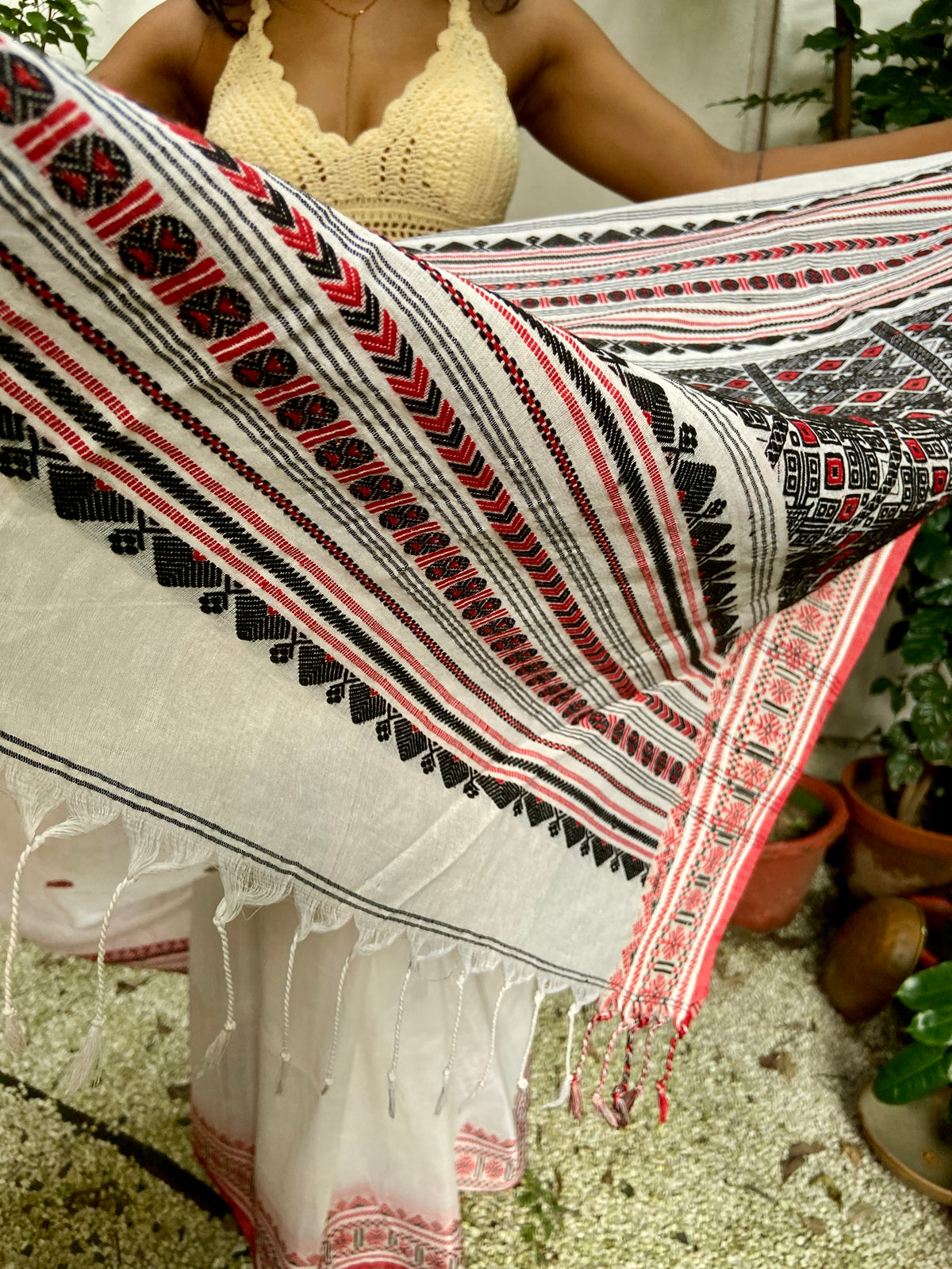 White, Red and Black Cotton Sari