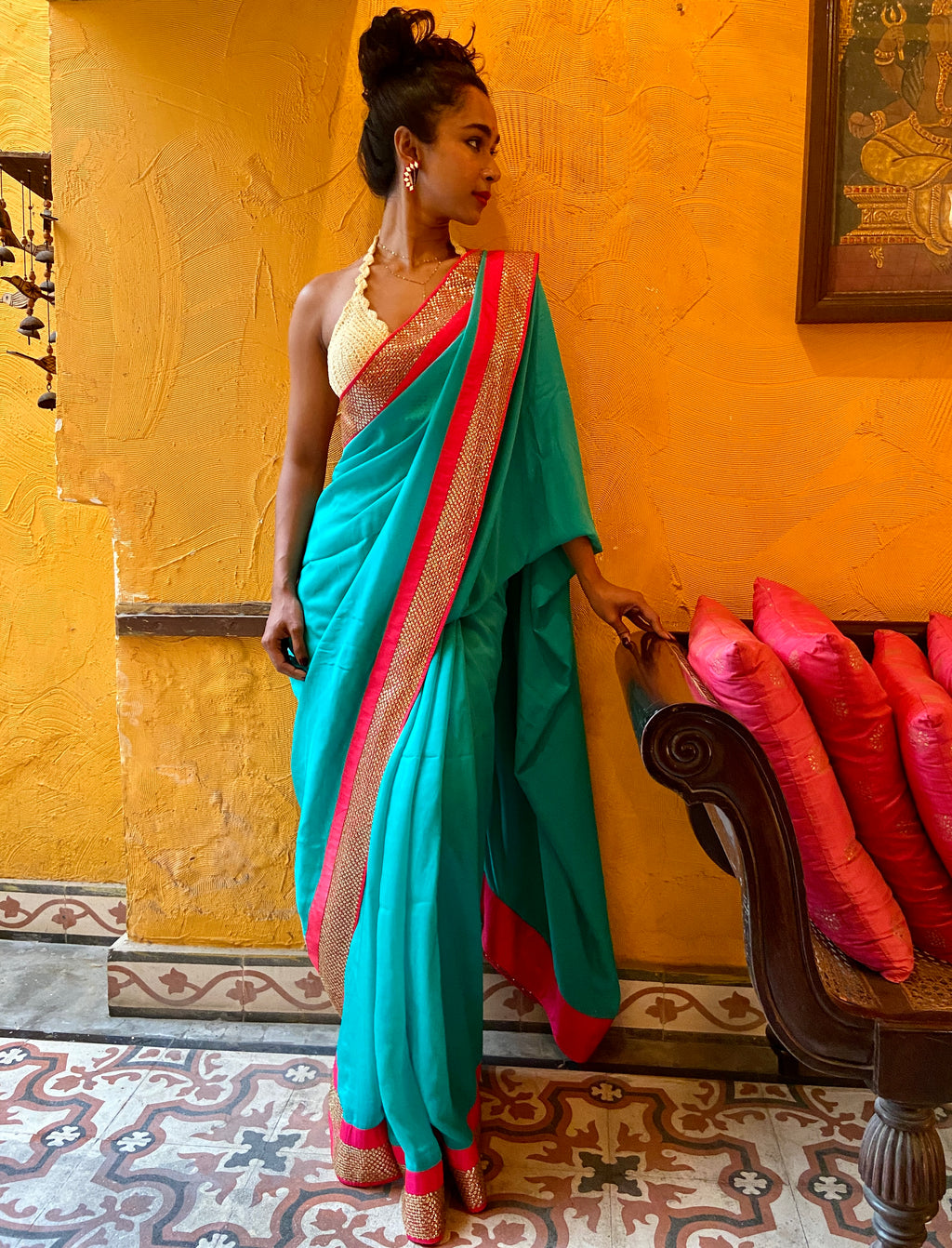 Aquamarine and Pink Gotta Patti Sari