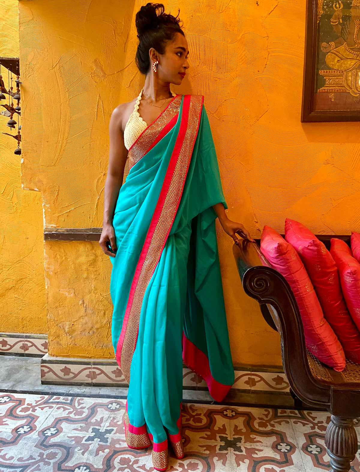 Aquamarine and Pink Gotta Patti Sari