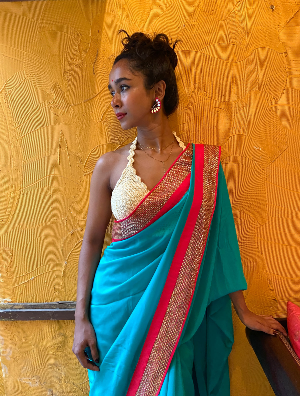 Aquamarine and Pink Gotta Patti Sari