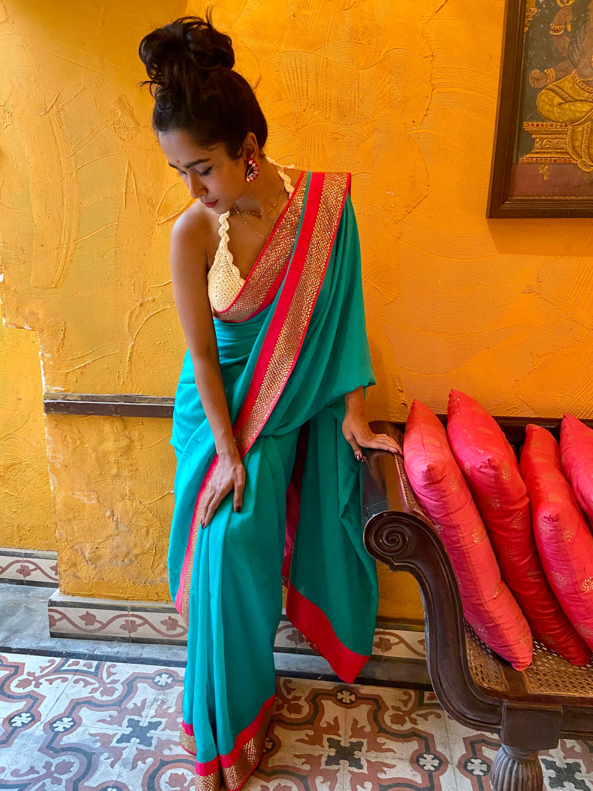 Aquamarine and Pink Gotta Patti Sari