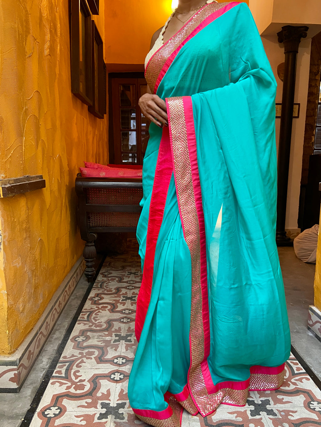 Aquamarine and Pink Gotta Patti Sari