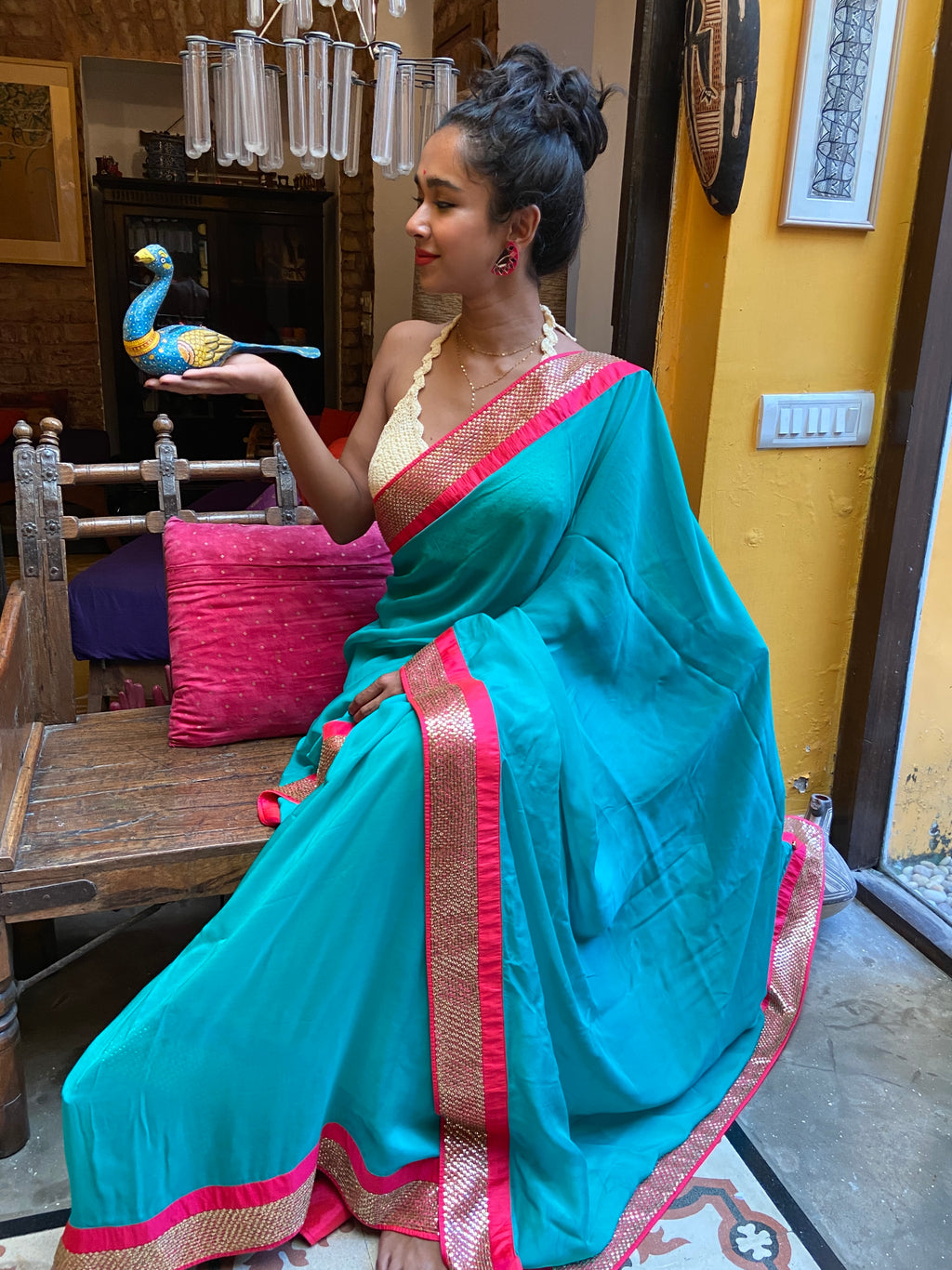 Aquamarine and Pink Gotta Patti Sari