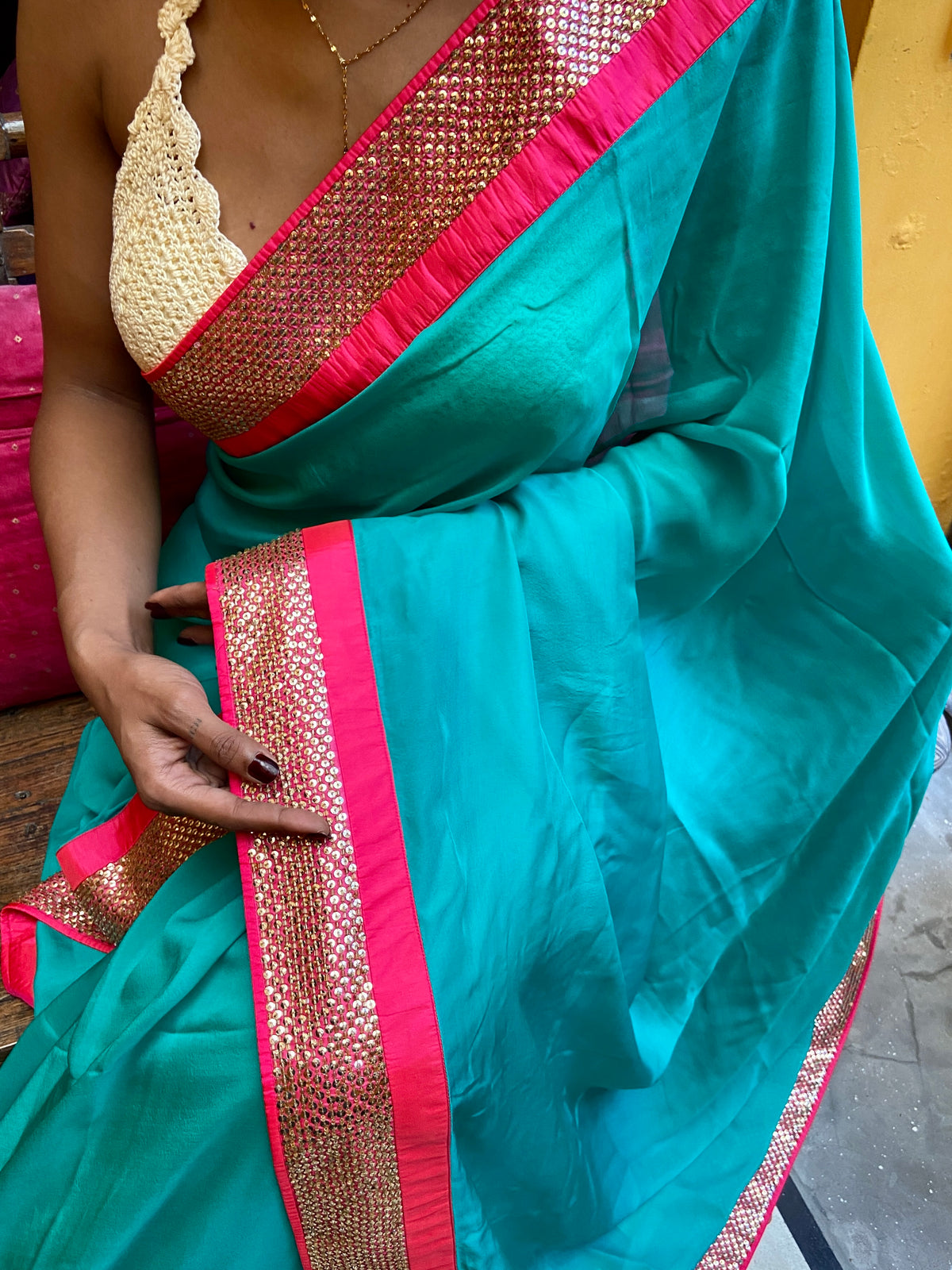 Aquamarine and Pink Gotta Patti Sari