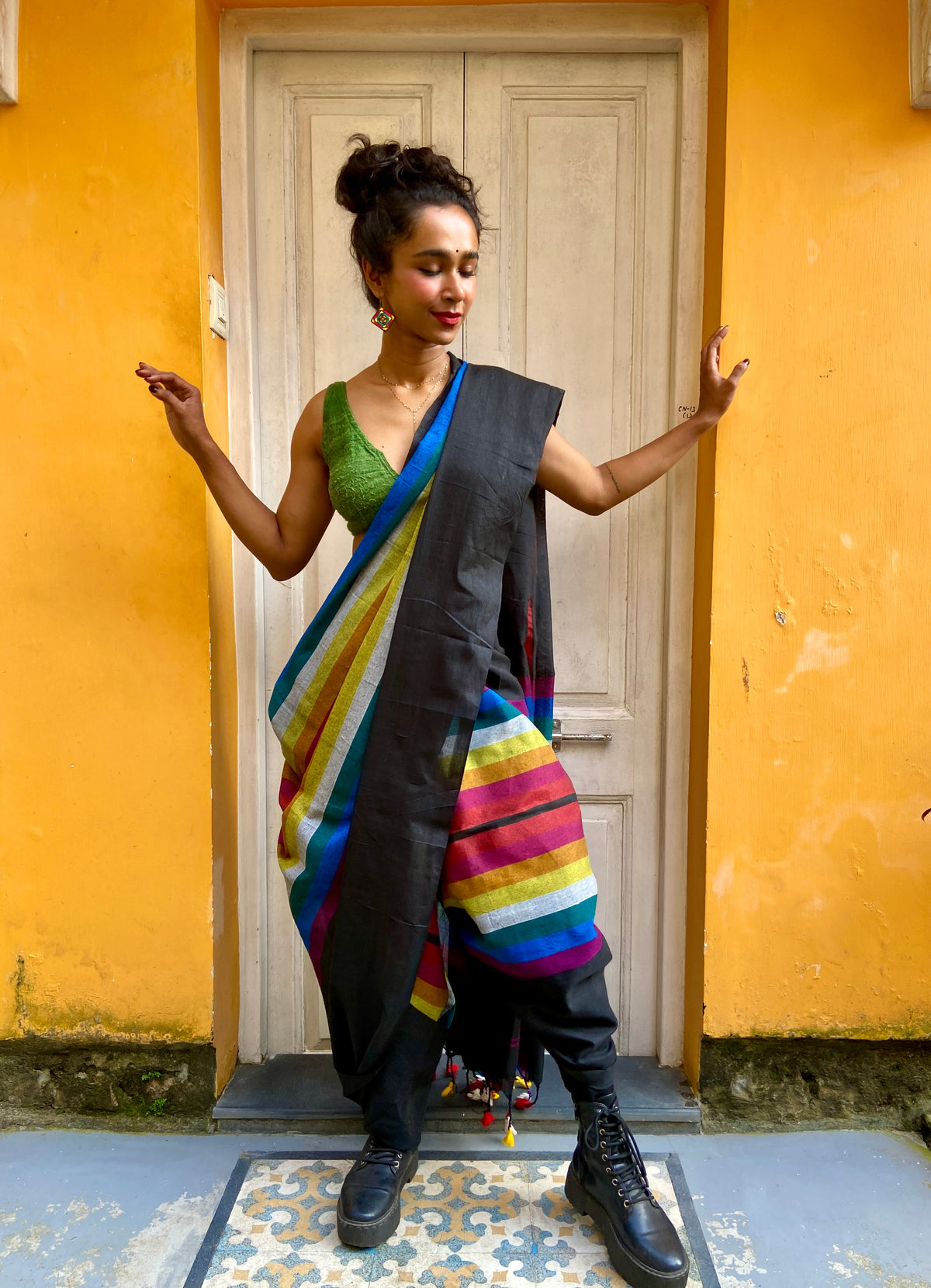Black and Colour Striped Handloom Sari