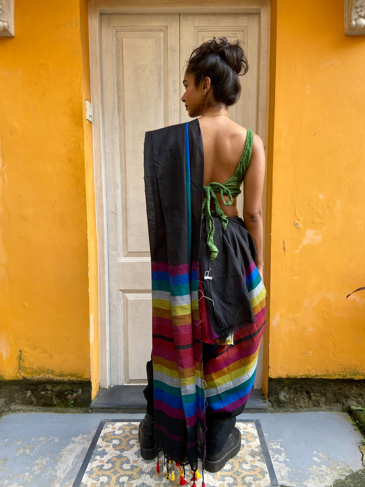 Black and Colour Striped Handloom Sari