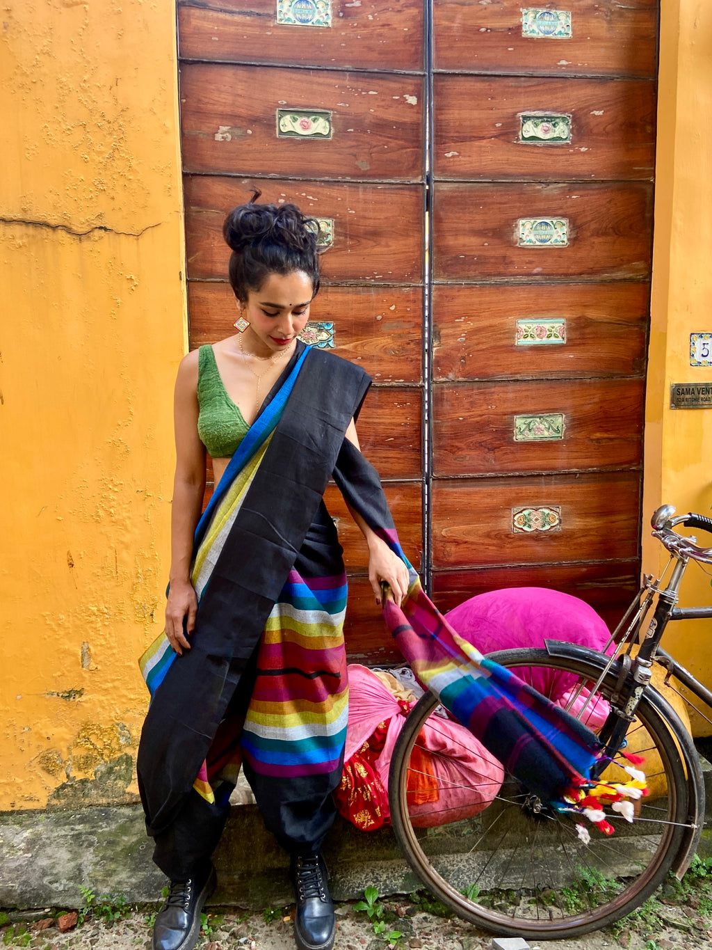 Black and Colour Striped Handloom Sari
