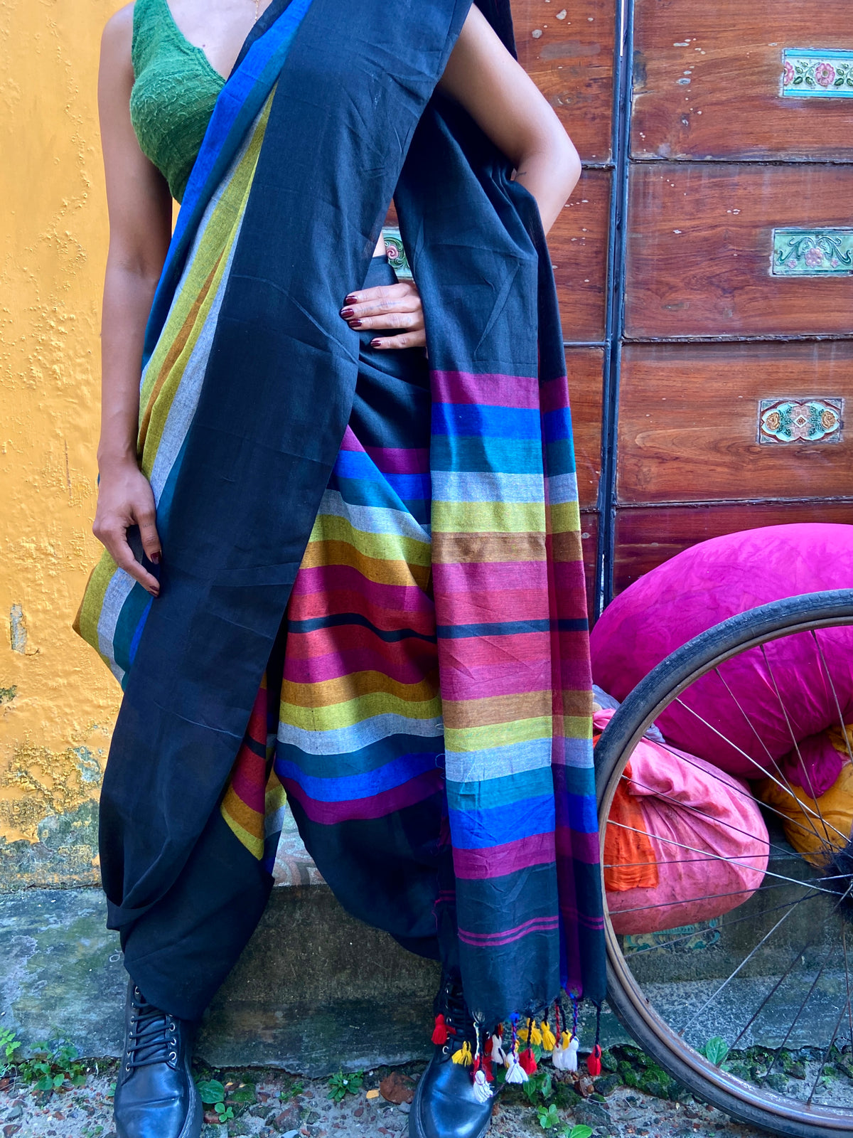 Black and Colour Striped Handloom Sari