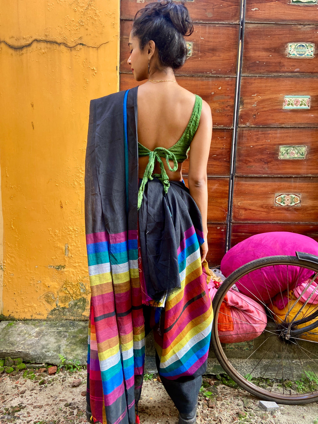 Black and Colour Striped Handloom Sari