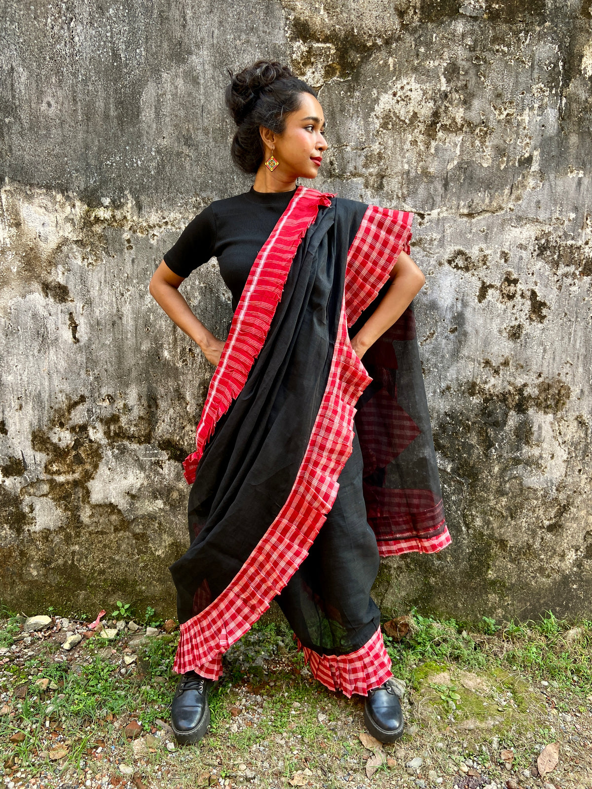 Black Gamcha Ruffle Sari