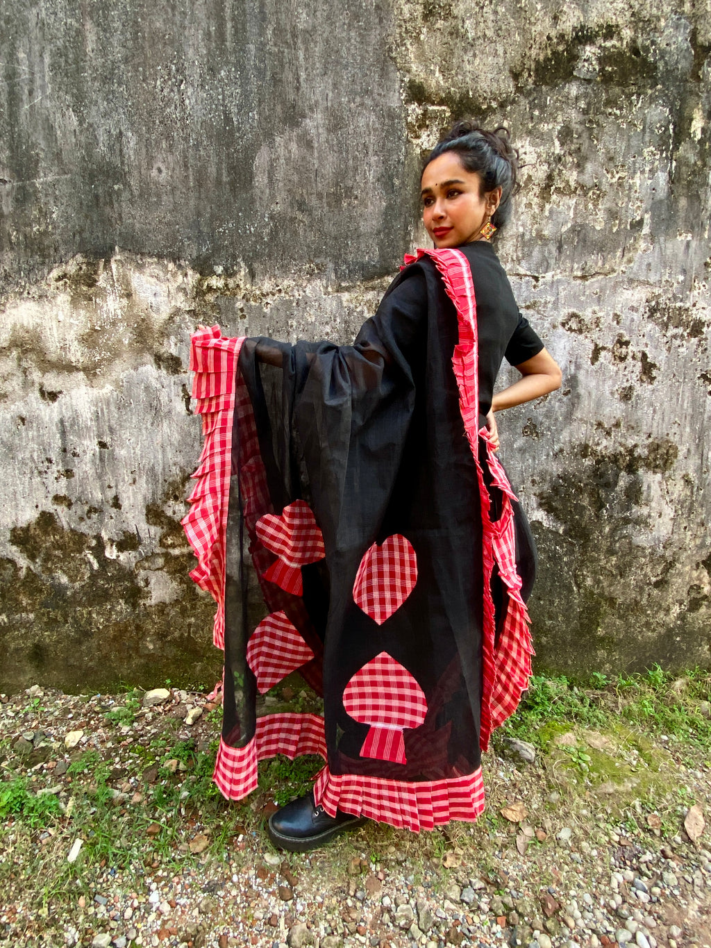 Black Gamcha Ruffle Sari