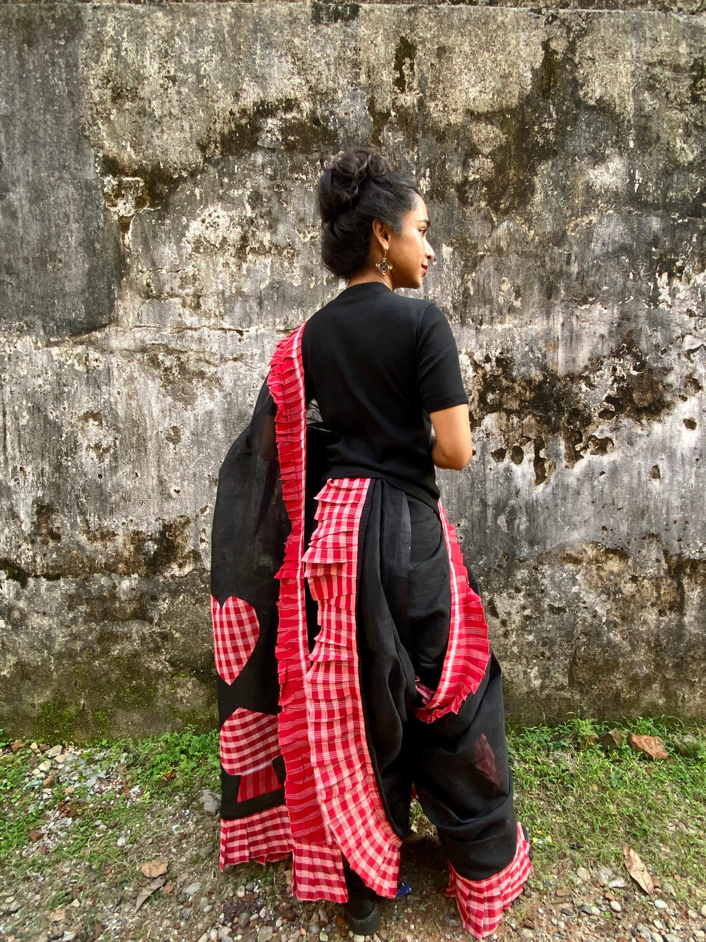 Black Gamcha Ruffle Sari