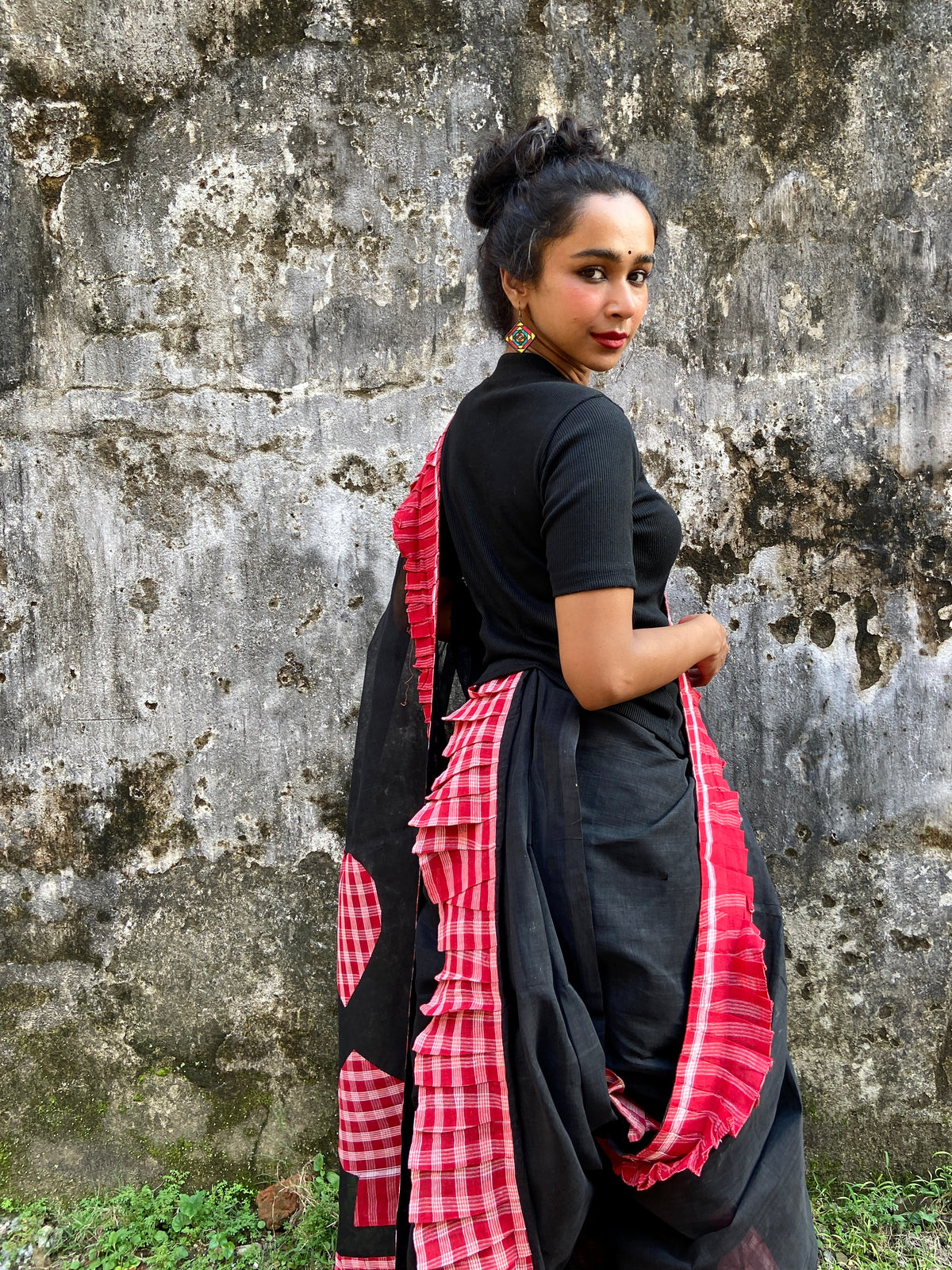 Black Gamcha Ruffle Sari
