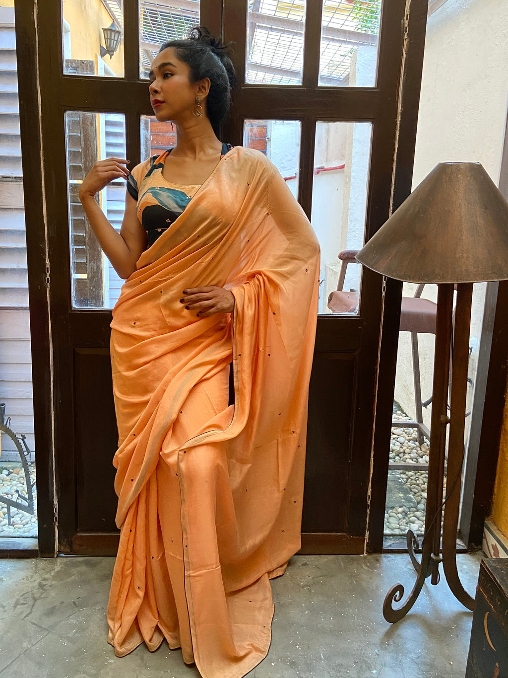 Peach Cotton Silk Sari