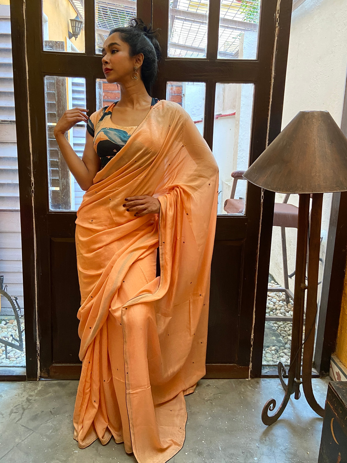 Peach Cotton Silk Sari