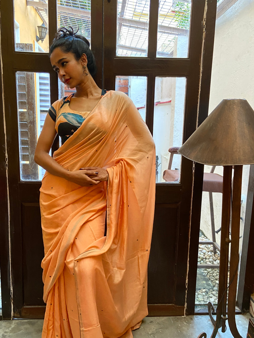 Peach Cotton Silk Sari