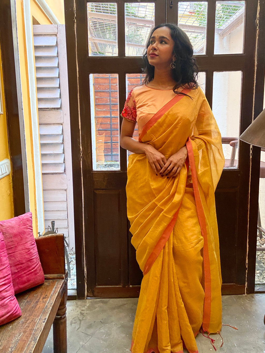 Mustard Yellow and Pink Sari