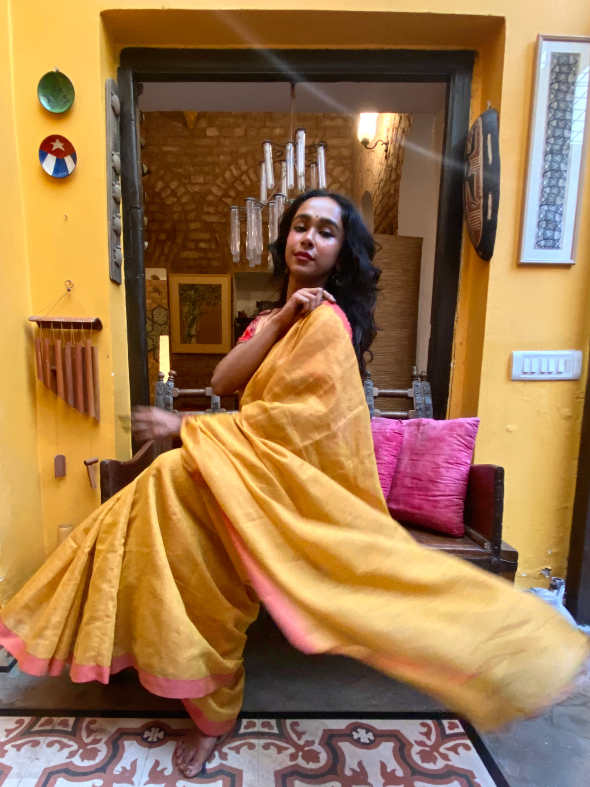 Mustard Yellow and Pink Sari
