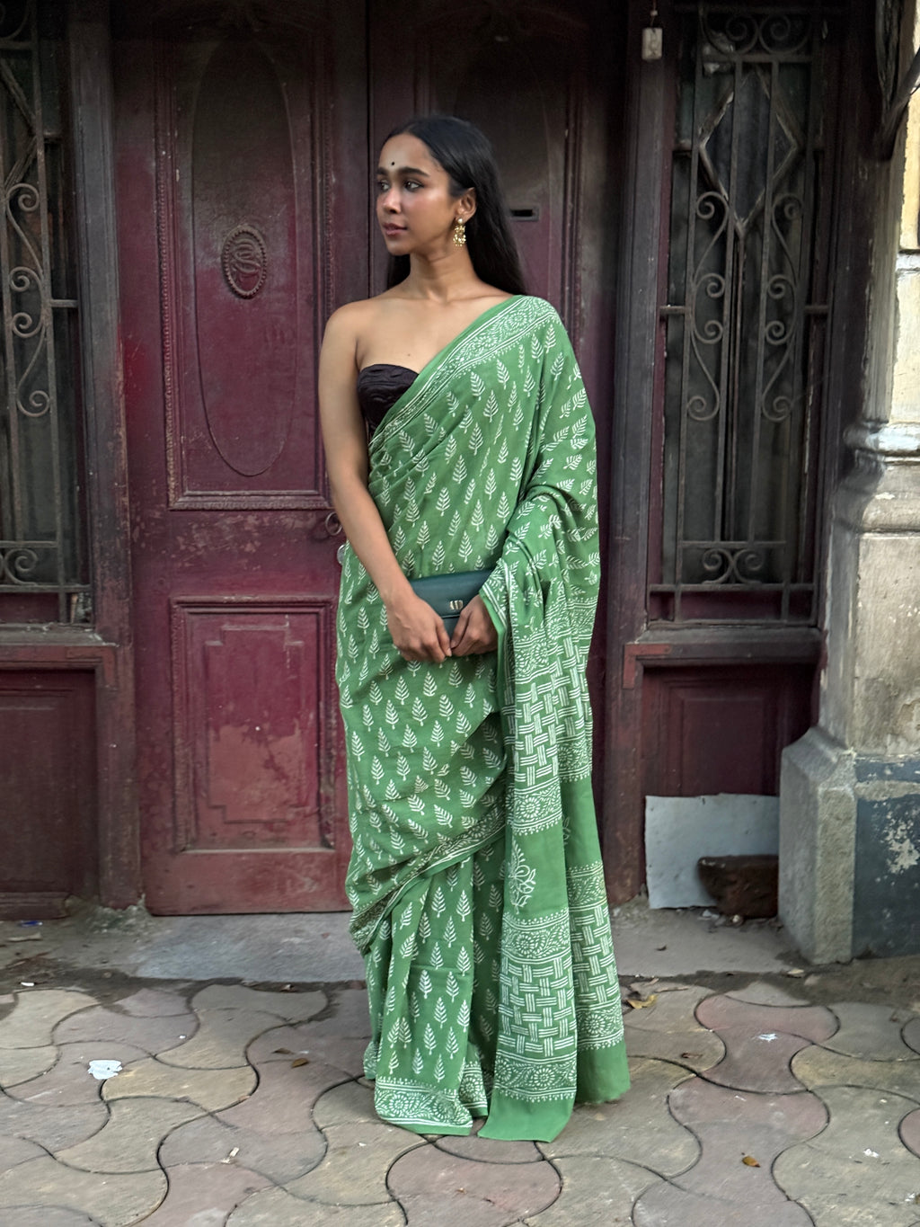 Green Hand Block Printed Cotton Sari