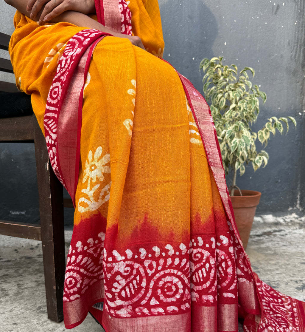 Yellow and Red Batik Cotton Sari